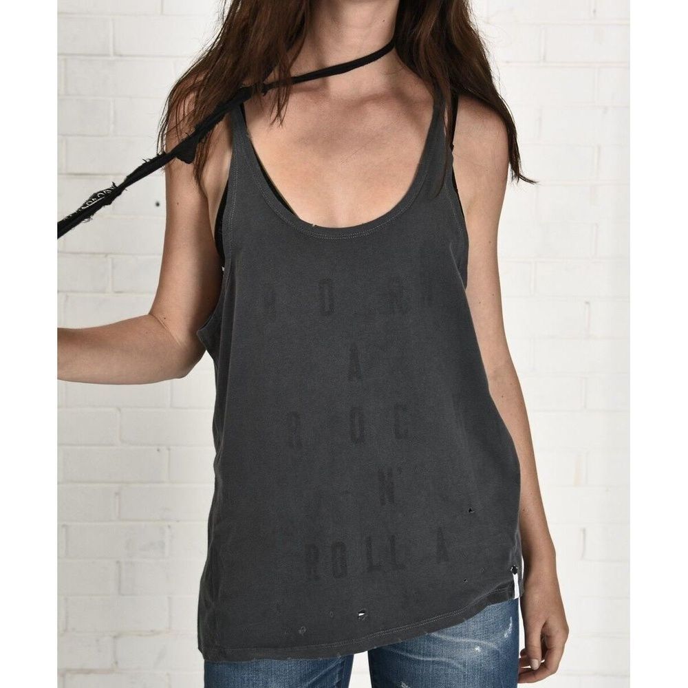One Teaspoon Tank Top M Distressed Festival Rock Y2K Edgy Grunge 90s Charcoal